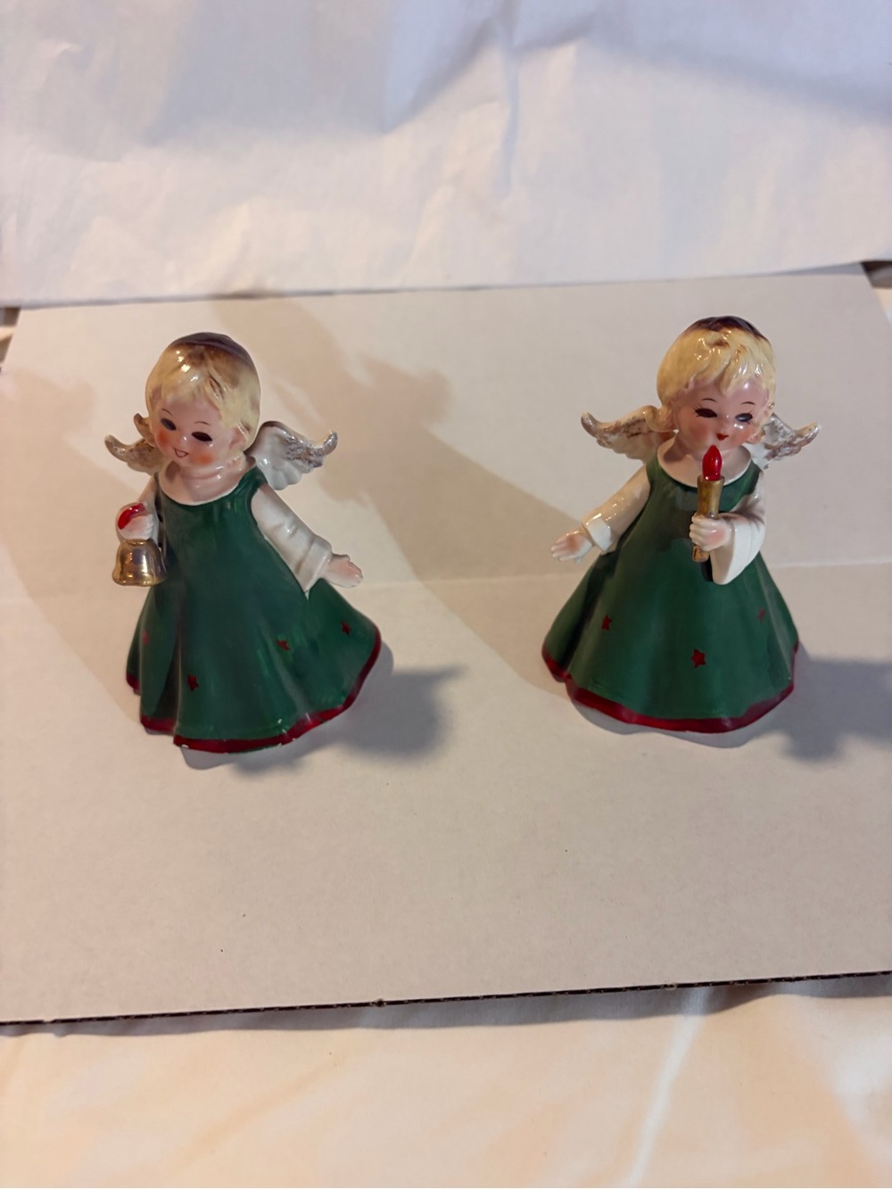 Lefton pair of Christmas Angel Figurines one with candle and one with bell